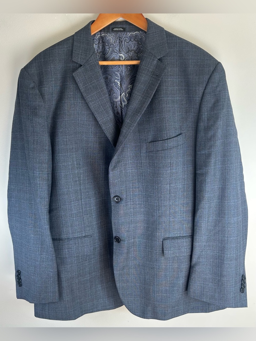 Joseph Abboud Men’s Blazer Sport Coat 48R Blue Gray Plaid Wool Formal JOE EUC